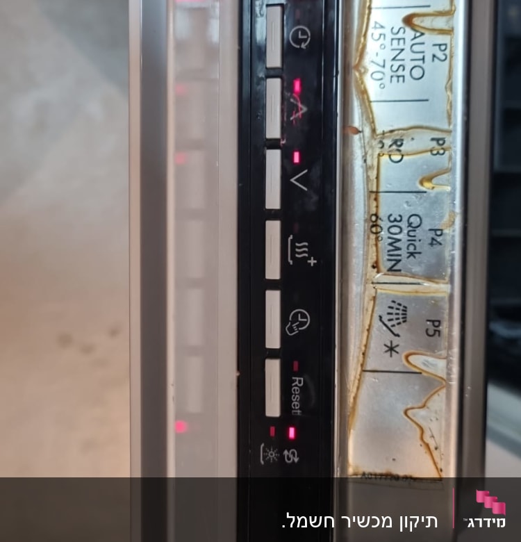 תצוגת לוח בקרה של מדיח כלים עם כפתורים ותצוגה דיגיטלית